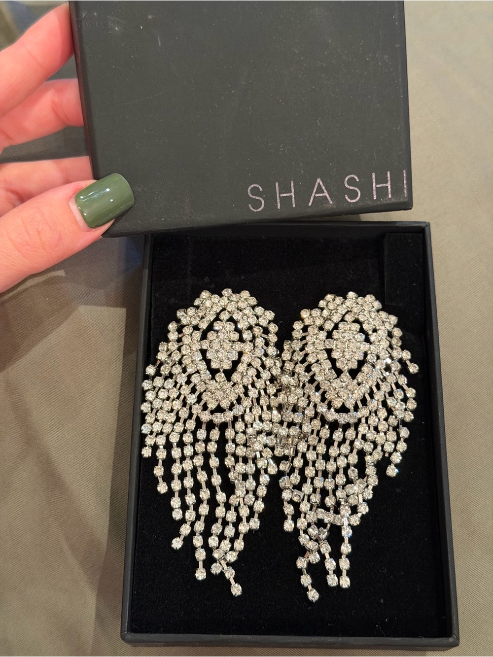 SHASHI Silver Crystal Fringe Chandelier Earrings Revolve